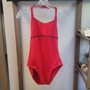 Natalie Dancewear Red Tank Leotard with Black Accented Band